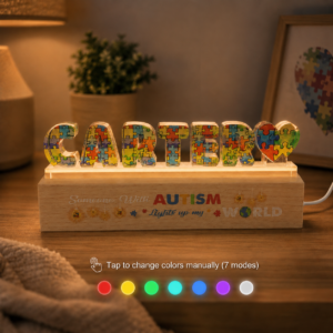 Personalized Name Autism Night Light With Wooden Base, 3D Lamp Gift For Autism Child